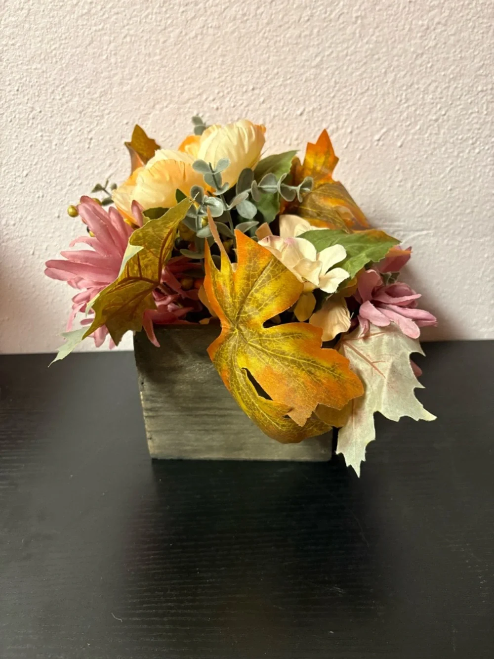 Fall Faux Floral Arrangement Rustic Wooden Box Autumn Decor Centerpiece